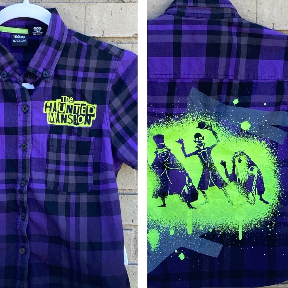 Disney Parks Her Universe Haunted Mansion Plaid Button Down Top Purple Black XS